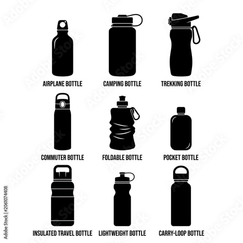 Water Bottle Silhouettes On White Background Collection Of Travel Containers
