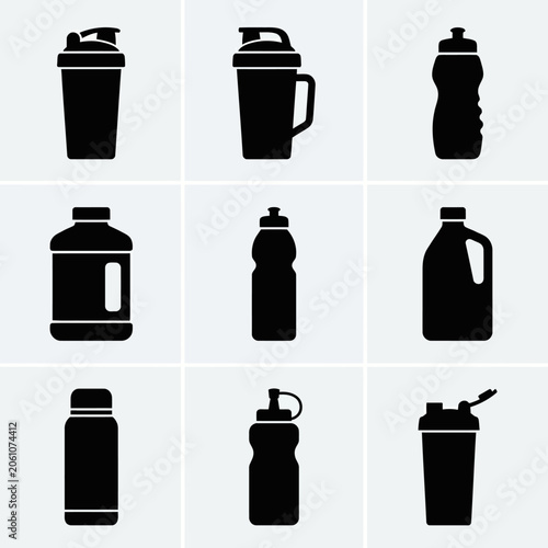 Water bottle silhouettes in a nine panel grid black on white