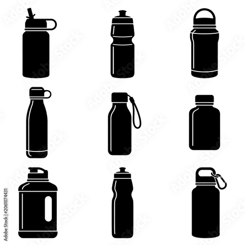 Water Bottle Silhouettes Grid On White Background