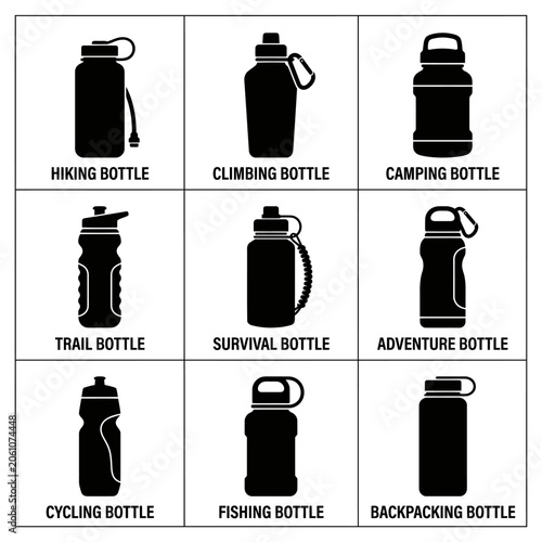 Hydration Bottle Silhouettes Black On White Background
