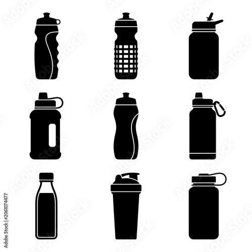Water Bottle Silhouettes On White Background Collection Of Sport Designs