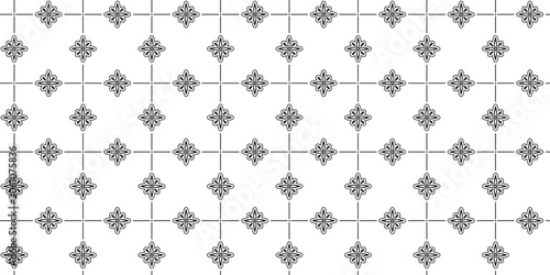 Foto Black square grid with repeating decorative elements and lines on a white background