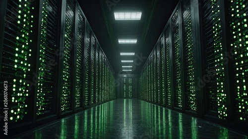 Dimly lit, futuristic server room with glowing green lights