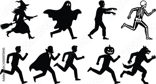 Schilderij op canvas Halloween characters running vector illustration