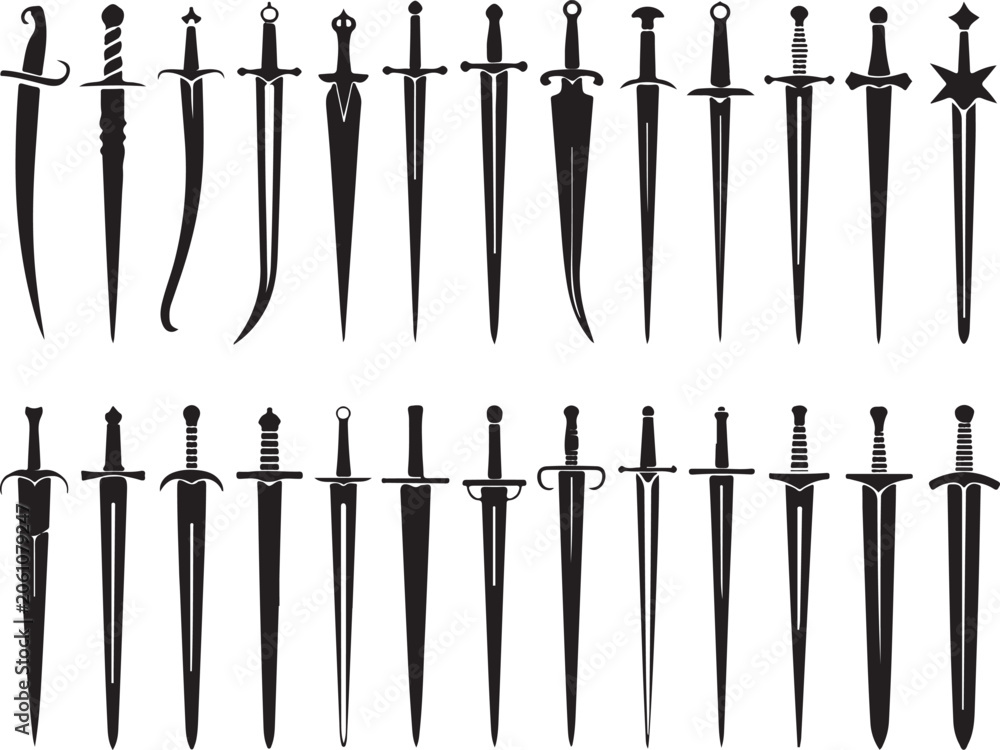 Fototapeta premium Set of various medieval sword silhouettes isolated on transparent background historical weapons collection sharp steel blades.