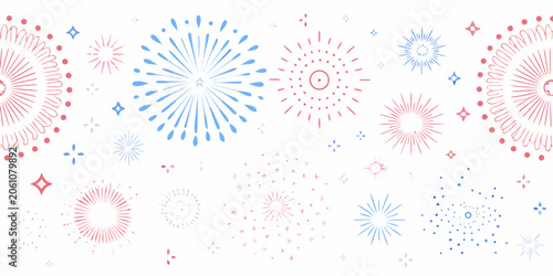 Fireworks display pattern with radial bursts in red and blue set against a white background