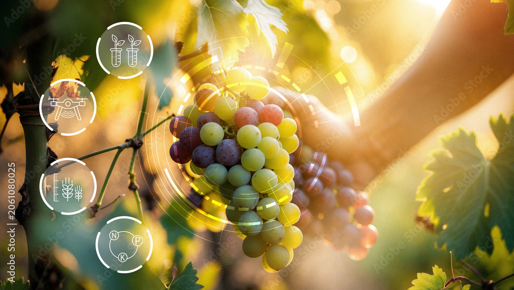 Obraz premium Smart farm technology used in grape harvesting at sunset in a vineyard