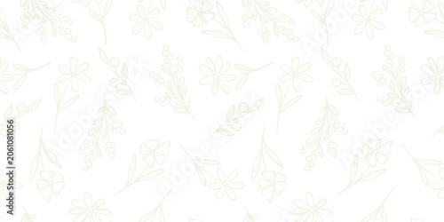 Minimalist white and light beige neutral floral print scattered plant seamless vector pattern background