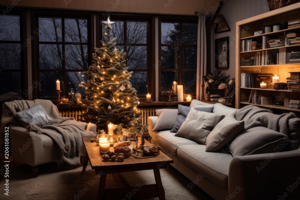 Obraz premium Living room interior creating a hygge atmosphere with festive decorations, candles, and a decorated tree