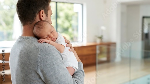 Father holding sleeping newborn baby tenderly in arms at home, parenthood, new life, gentle care, paternal love, family bond, peaceful moment.