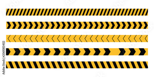 Foto Warning caution tape border collection showcasing black and yellow chevron stripes for construction zones, hazard alerts, safety signage, and danger barriers