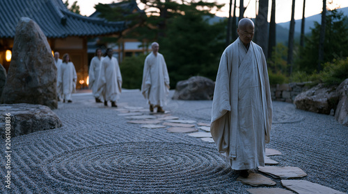 Zen abbot leading small group of international retreat participants through raked gravel garden at dusk, twilight blue hour softening temple rooflines beyond, each figure in slow