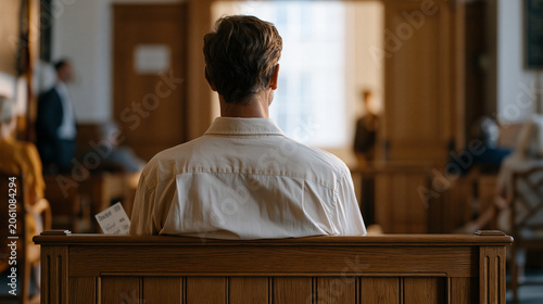 A man in a collared shirt sits alone on a wooden bench in a court anteroom, a numbered docket ticket in his hand, other individuals seated far apart, a bailiff standing near a