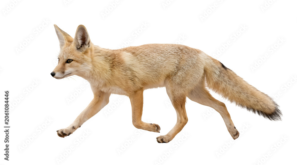 Obraz premium Pale swift corsac fox walking cautiously across a clean white studio background showcasing its soft tan fur pointed ears bushy tail and alert expression in this detailed side profile view
