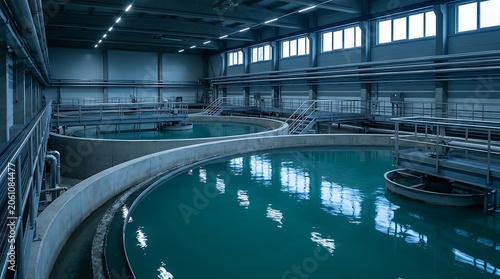Industrial water treatment plant interior view featuring large circular filtration basins with clear blue liquid inside modern facility building during night time operations.