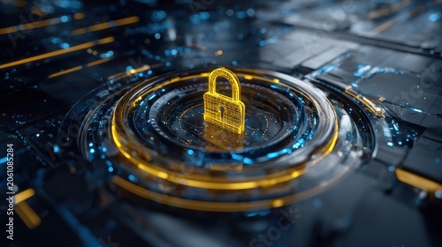 Glowing digital padlock hovers above illuminated futuristic circuitry with blue and gold light