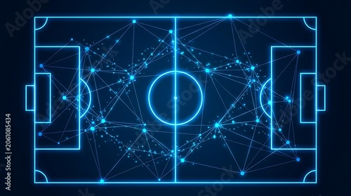 Digital soccer field with abstract network lines and glowing blue dots representing data connections and analytics for sports strategy and performance optimization.
