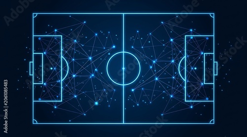 Digital soccer field with abstract network lines and glowing blue dots representing data connections and analytics for sports strategy and performance optimization.