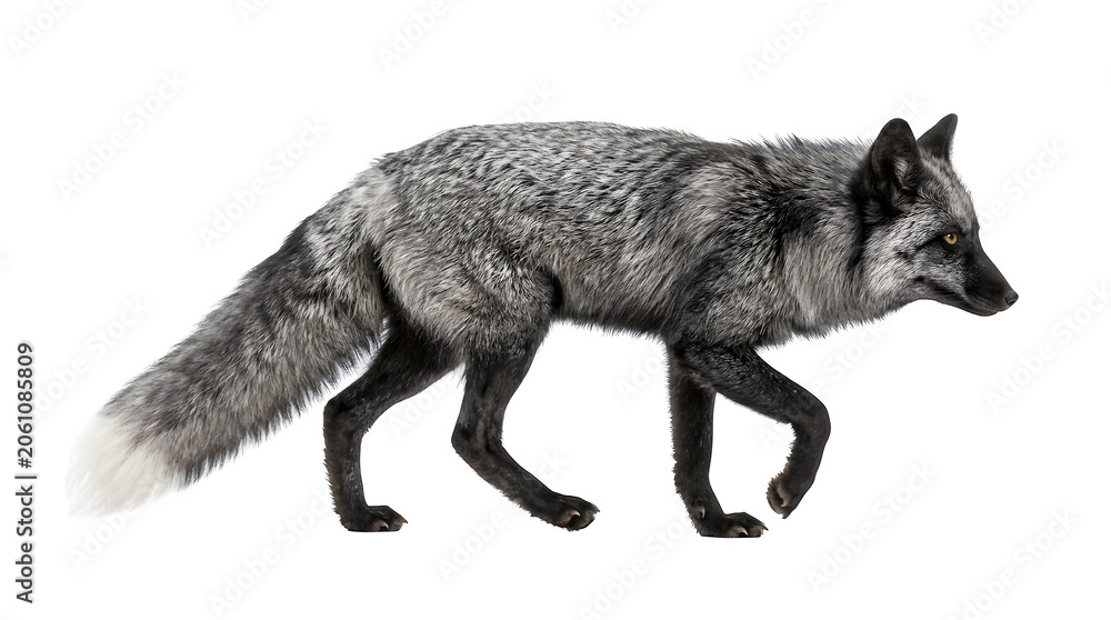 Obraz premium Silver fox with thick fluffy grey fur walking gracefully across a clean white background captured in a sharp side profile view with detailed textures and natural amber colored eye highlights