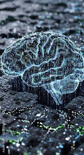 Glowing digital brain made of circuits on a dark tech background