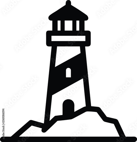 Lighthouse tower icon for maritime navigation. Black line art of a lighthouse on a rocky base