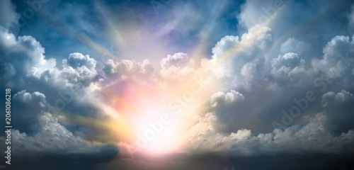 Tableau sur toile Sun heaven God yellow amazing beautiful shining with sunrise behind super nova light awesome clouds on warm bright day nature purple violet sunray sunbeam full color