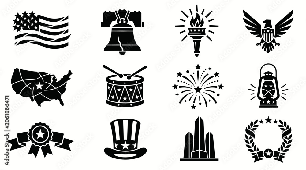 Fototapeta premium USA Celebration Black Silhouette Icon Set, American Independence Day Symbols Collection, Patriotic Vector Elements 4K