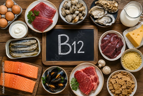 Vitamin B12 rich foods arranged on rustic wooden table