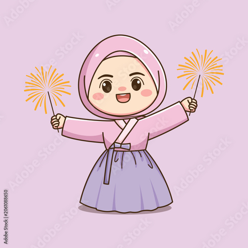 Cute Korean Hijab Girl Wearing Traditional Hanbok Cartoon Illustration