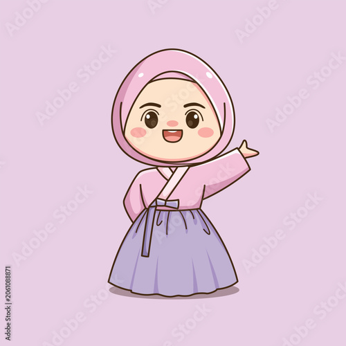 Cute Korean Hijab Girl Wearing Traditional Hanbok Cartoon Illustration