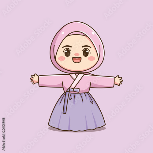 Cute Korean Hijab Girl Wearing Traditional Hanbok Cartoon Illustration