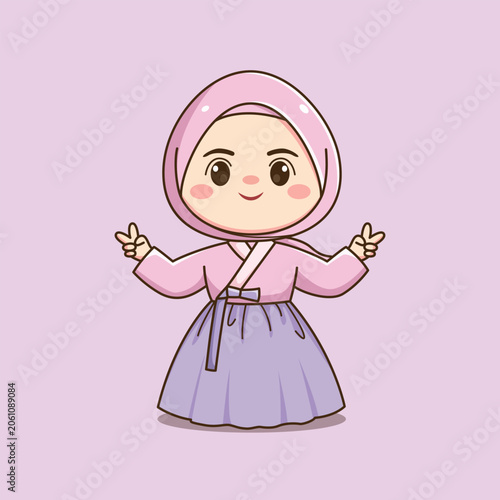 Cute Korean Hijab Girl Wearing Traditional Hanbok Cartoon Illustration