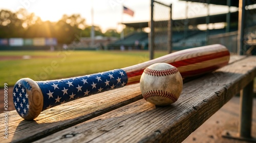 Patriotic baseball bat and ball on dugout bench 4th of july