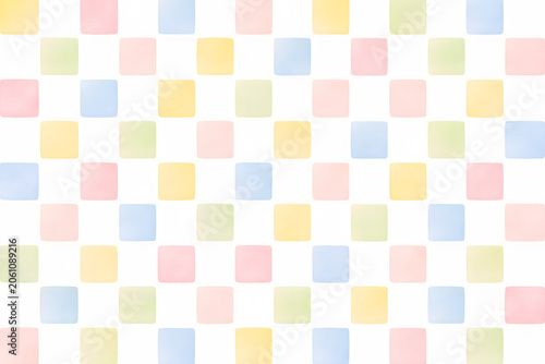 Cute colorful watercolor checkerboard pattern with soft pastel rounded squares on a white background. generated by AI.