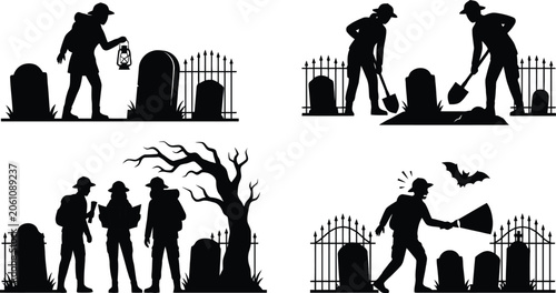 Cuadro en lienzo Gravediggers and ghosts in a haunted cemetery at night