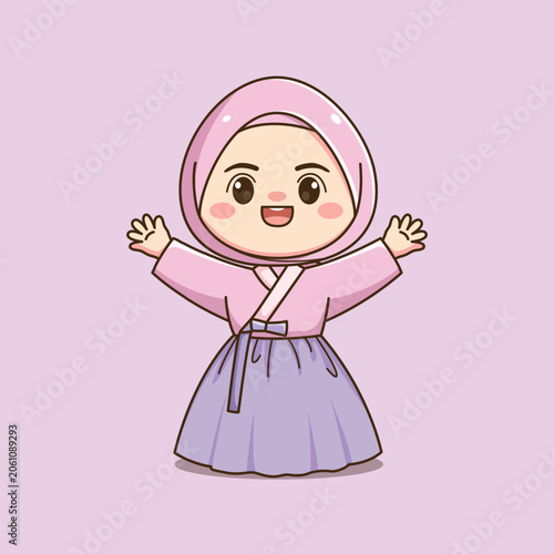 Cute Korean Hijab Girl Wearing Traditional Hanbok Cartoon Illustration