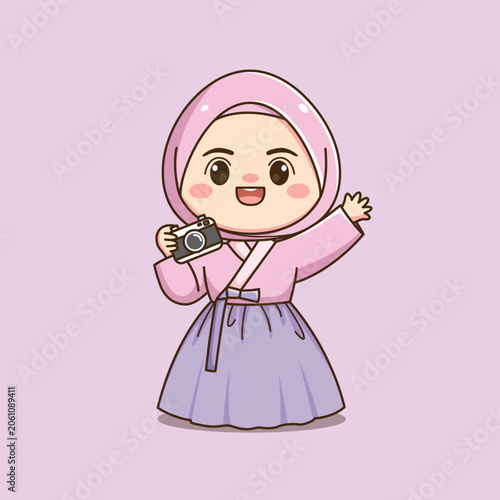 Cute Korean Hijab Girl Wearing Traditional Hanbok Cartoon Illustration
