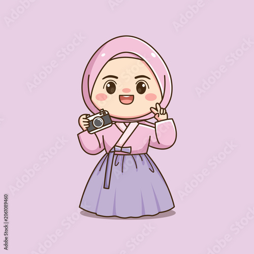 Cute Korean Hijab Girl Wearing Traditional Hanbok Cartoon Illustration
