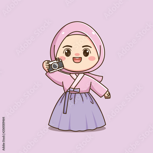 Cute Korean Hijab Girl Wearing Traditional Hanbok Cartoon Illustration