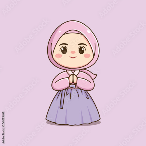 Cute Korean Hijab Girl Wearing Traditional Hanbok Cartoon Illustration