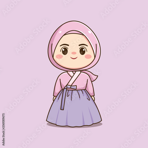 Cute Korean Hijab Girl Wearing Traditional Hanbok Cartoon Illustration