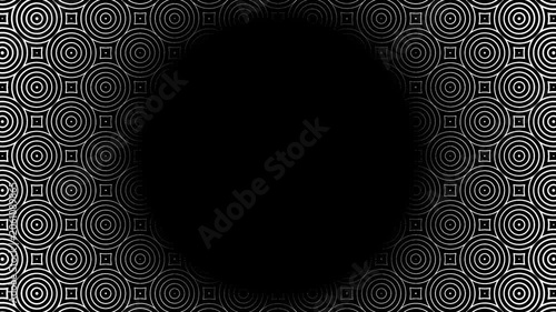 A modern minimalist frame in the form of a circle with a black space in the center. Black and white thin linear geometric frame of circles and squares. Monochrome pattern.