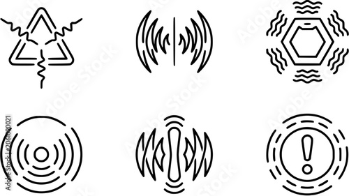 Warning, Alert, and Signal Outline Icon Set for Technology and Safety. Black and White Line Art Symbols for Danger, Vibration, and Communication.