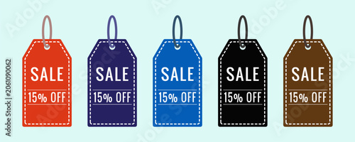 Colorful sale price tags with discount labels for shopping and retail promotions.