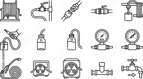 Black and White Line Art Icons of Plumbing and Fluid Handling Equipment