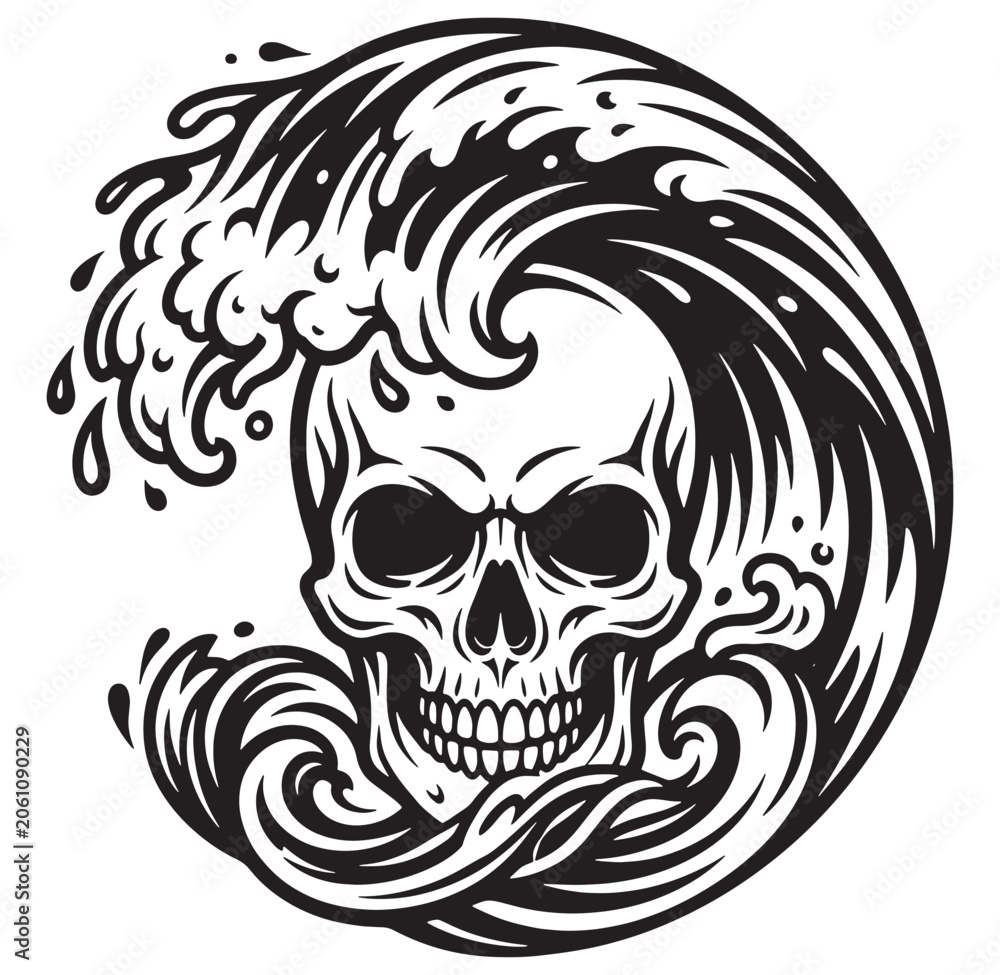 Fototapeta premium Black and white illustration of skull with wave crashing around it in ocean