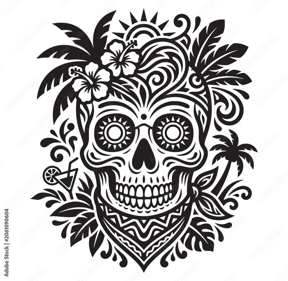 Fototapeta premium Sugar skull with floral tropical design and palm trees isolated on white background