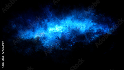 Ethereal blue nebula or cosmic cloud emanates mysterious luminescence against the profound darkness of space.