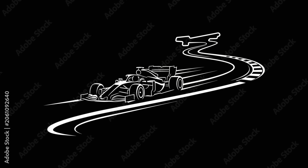 Naklejka premium Formula 1 race car on track, white outline illustration, speed, motion, black background