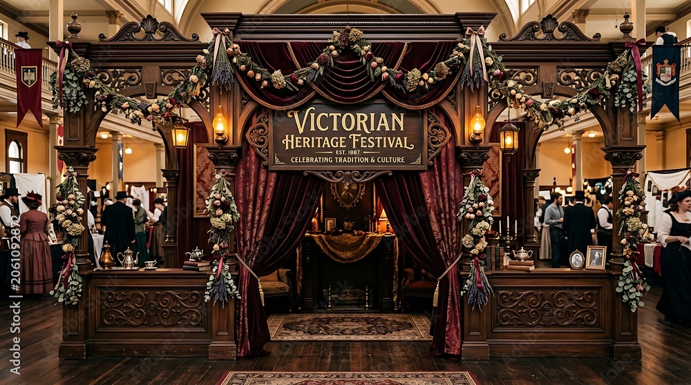 Fototapeta premium Elegant Victorian Heritage Festival Booth with Floral Garlands and Rich Drapery